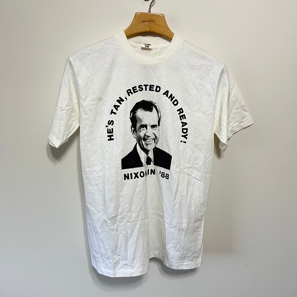 Vintage Richard Nixon Political Shirt Mens L 80s Novelty USA President 70s White